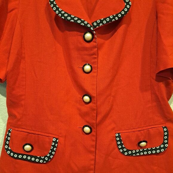 Elegant Vintage 90s Red Blouse Pearl Buttons Collared Shirt Jacket Shacket sz 12 - Picture 3 of 11